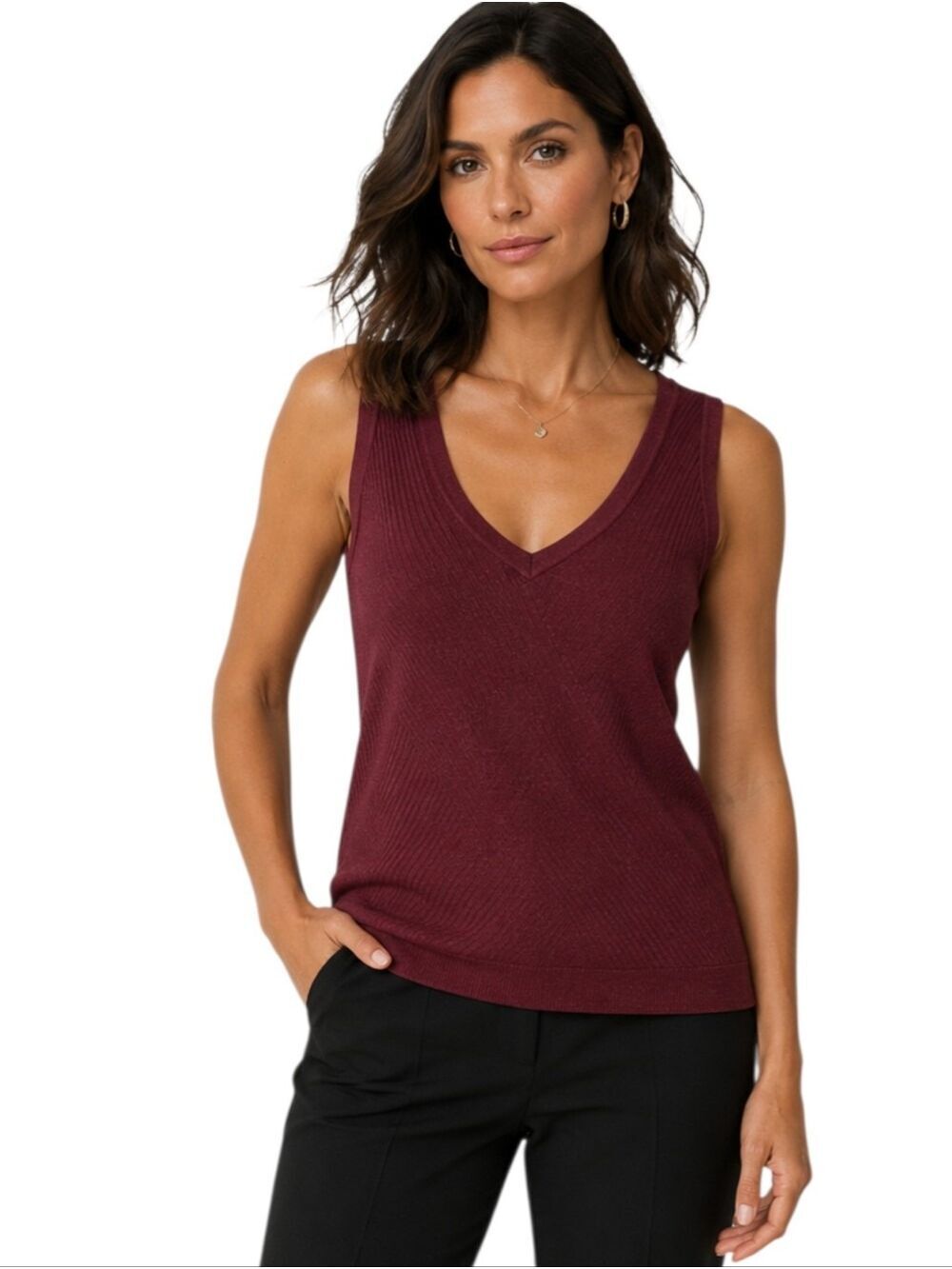White House Black Market Burgundy Ribbed V Neck Top Large